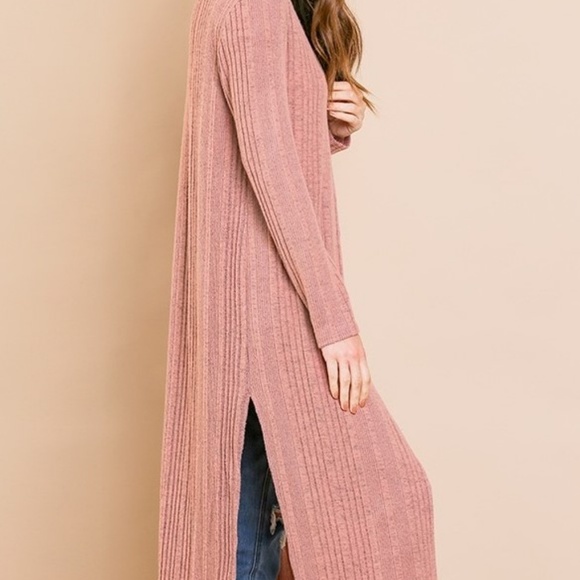 Mauve Ribbed Knit Cardigan Duster Sweater Size S - Picture 2 of 4